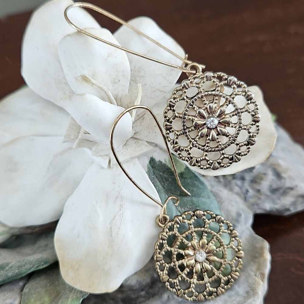 Vintage Gold Filigree Earrings With Center Crystal